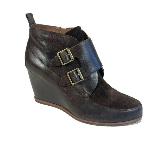 Korks Womens Hanska Wedge Ankle Boots Dark Brown Size 8M Leather Monk Strap